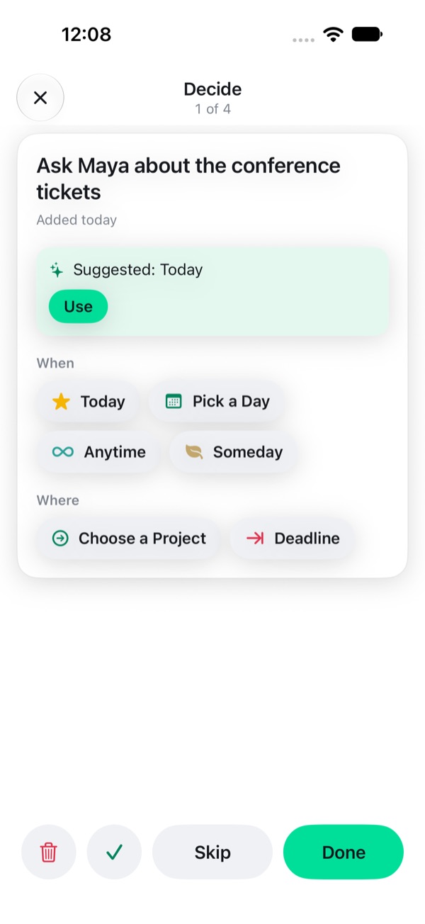 Decide mode: one Inbox to-do with a suggestion and the choices Today, Pick a Day, Anytime, Someday