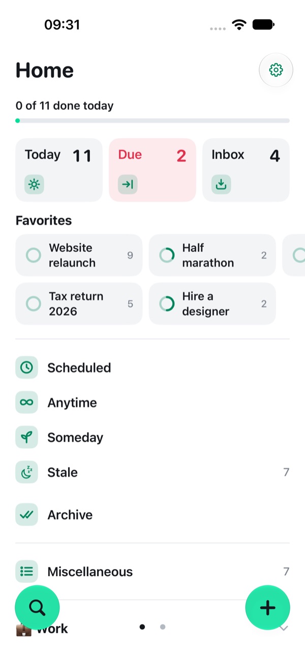 Todolix Home: Today, Due and Inbox counts, favourite projects and lists