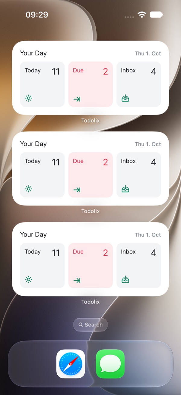 Your Day widgets on the Home Screen with Today, Due and Inbox counts